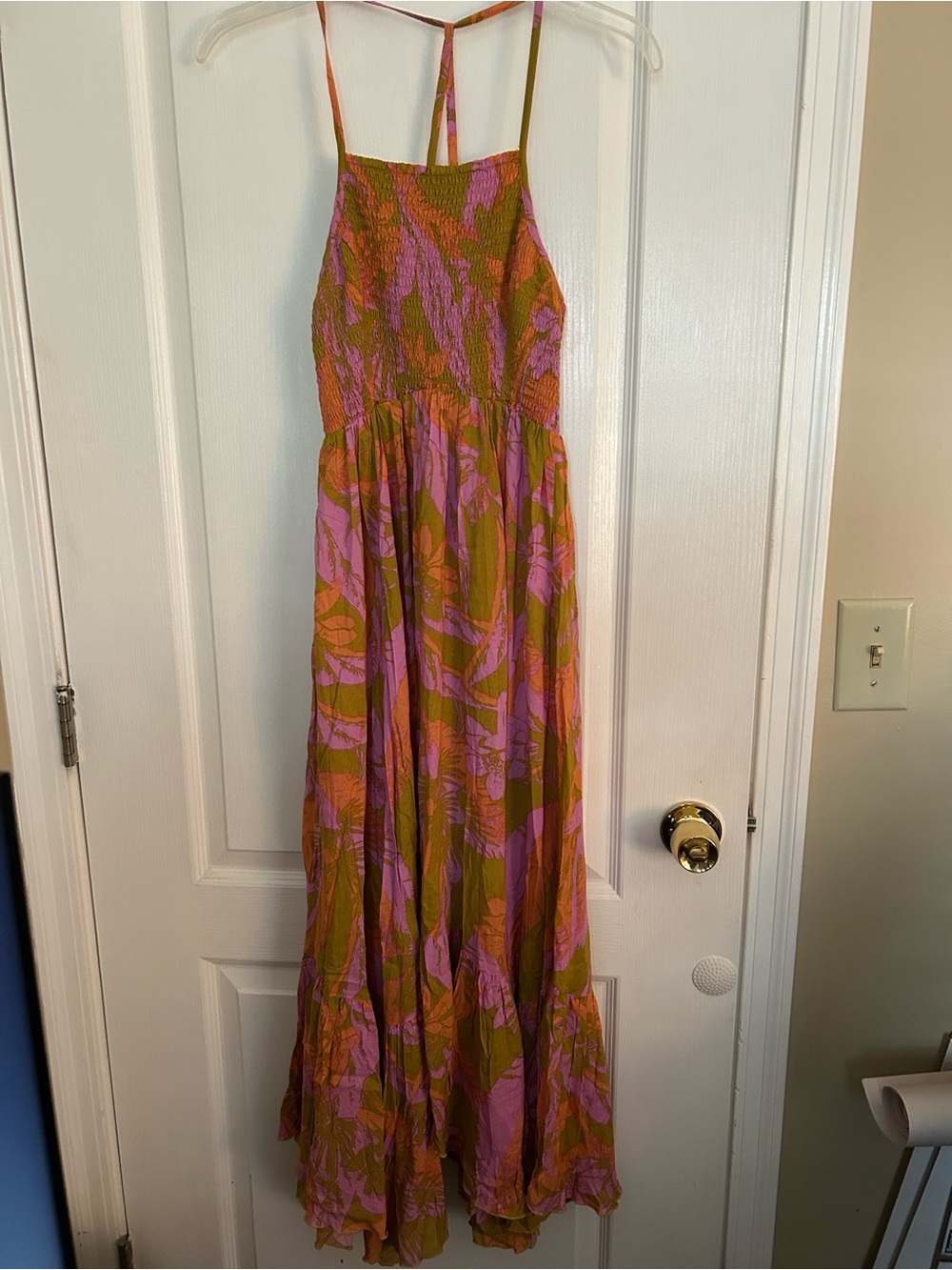 Free People Heat Wave Sleeveless Maxi Dress in Olive Green and Pink, PTP 14-18